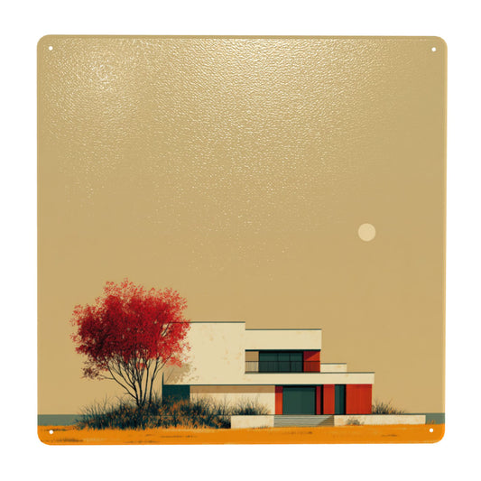 Modern Architecture Metal Wall Art – 12"x12" Minimalist Tin Sign with Pre-Drilled Holes, Weather-Resistant Square Decorative Plate
