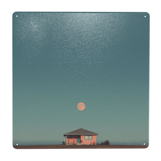 Minimalist Moon House Tin Sign – 12"x12" Square Metal Wall Art, Weatherproof Pre-Drilled Decorative Plate