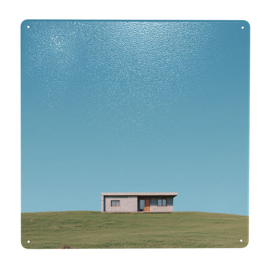 Minimalist House on Hill Tin Sign – 12"x12" Square Metal Wall Art, Nordic Landscape Decorative Plate with Pre-Drilled Holes