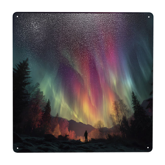 Northern Lights Forest Landscape Tin Sign – 12"x12" Square Metal Wall Art, Stargazing Aurora Scene with Pre-Drilled Holes