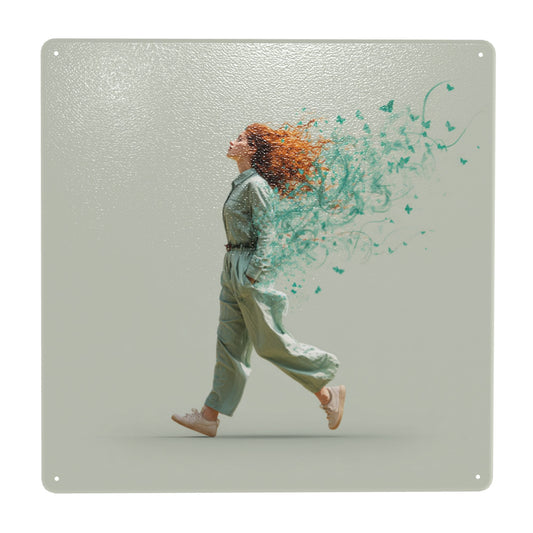 Surreal Woman with Butterflies Tin Sign – 12"x12" Creative Art Metal Wall Decor, Minimalist Fantasy Illustration with Pre-Drilled Holes