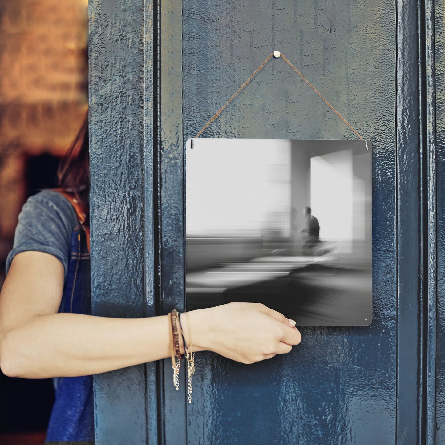 Abstract Blur Portrait Photography Tin Sign – 12"x12" Minimalist Black & White Metal Wall Art, Surreal Emotion Concept, Pre-Drilled & Waterproof