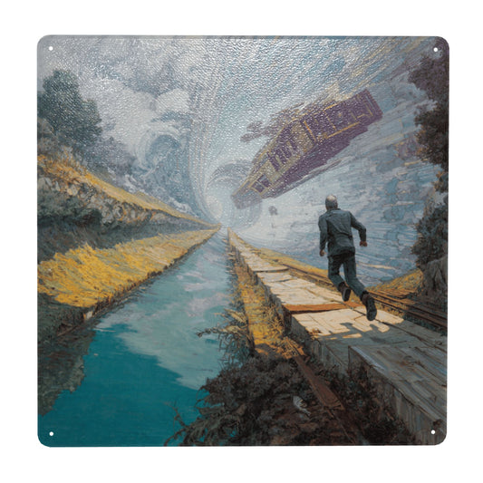 Surreal Train Vortex Tin Sign – 12"x12" Dreamlike Metal Wall Art, Man Running Toward the Unknown, Waterproof & Pre-Drilled